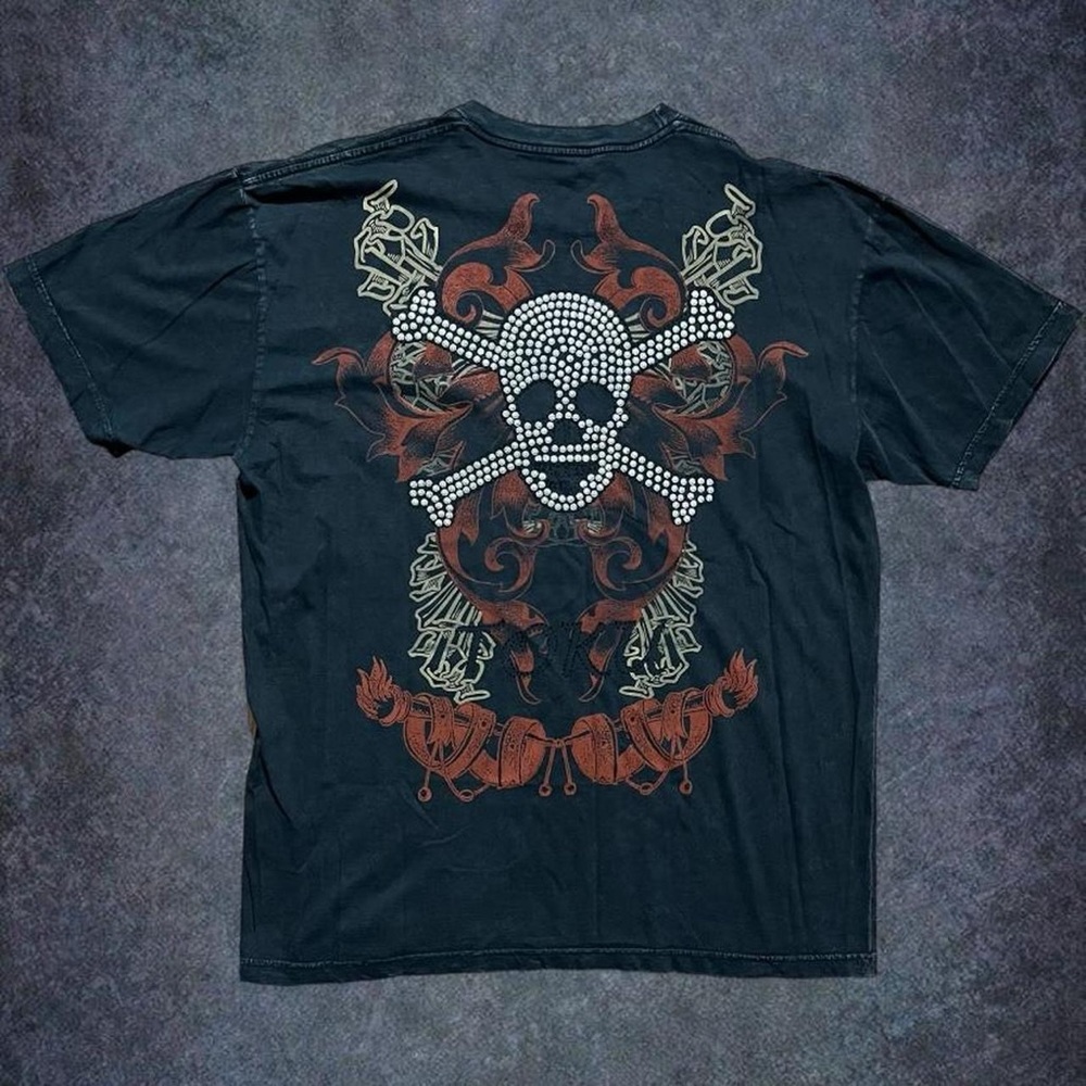 y2k skull crossbones studded affliction styled grunge t shirt
